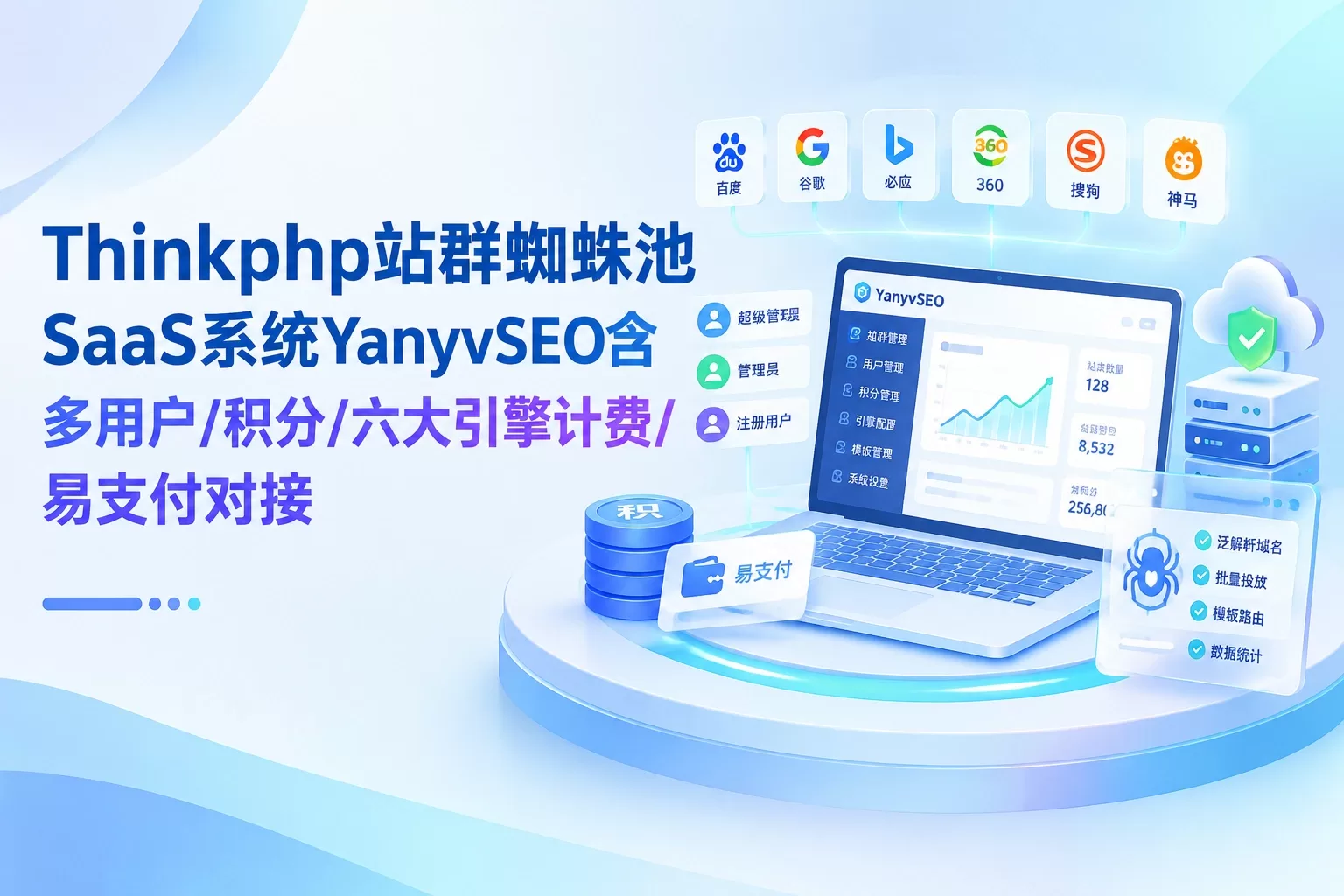 Thinkphp站群蜘蛛池SaaS系统YanyvSEO含多用户/积分/六大引擎计费/易支付对接-苏晨拾光
